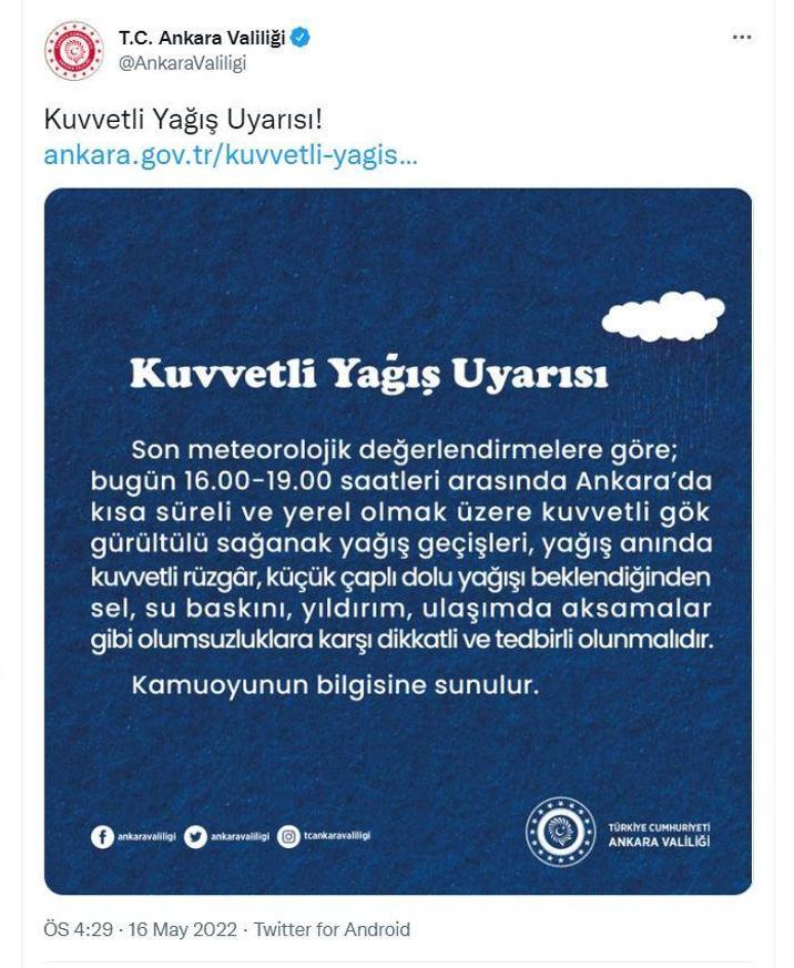 Ankara Valiliğinden kuvvetli yağış uyarısı Saat verildi