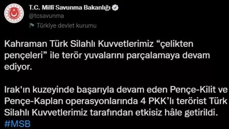 Pençe-Kilit ve Pençe-Kaplanda 4 PKKlı etkisiz hale getirildi